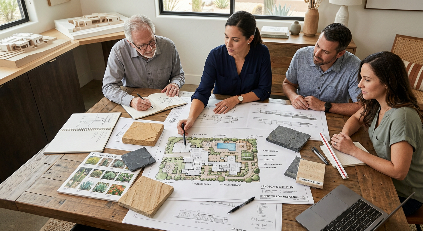When to Hire a Landscape Architect for Luxury Arizona Homes | Luxury Landscape Architecture Scottsdale & Phoenix | Waibel & Associates Photorealistic overhead view of an Arizona custom home design meeting, with architectural plans, planting palettes, stone ...