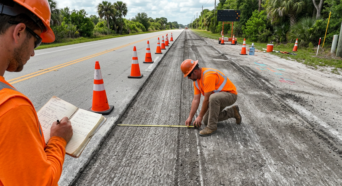Photorealistic overhead view of an unbranded Florida roadwork crew conducting a pre-shift pavement cleanup assessment, wit...
