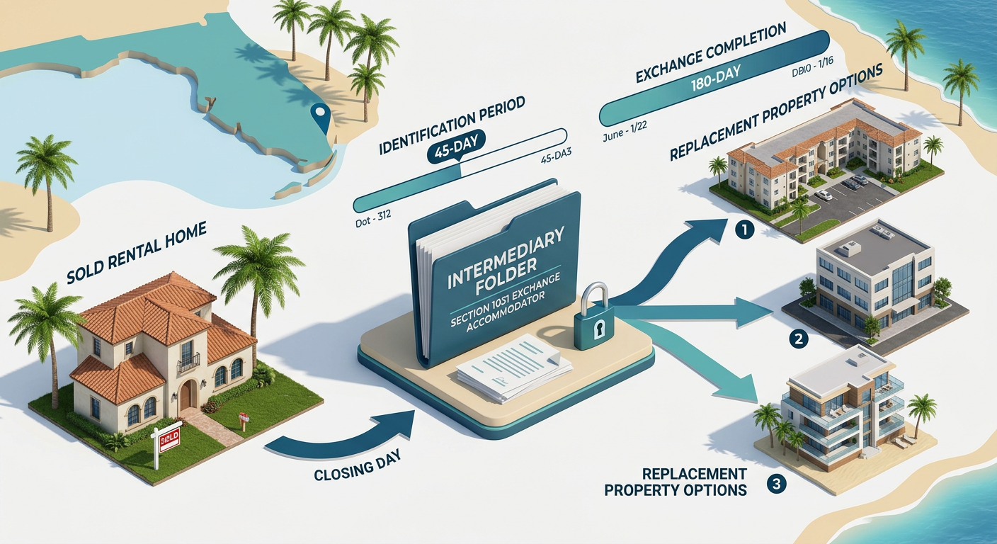 Clean isometric 3D illustration of a South Florida property exchange timeline, showing a sold rental home on the left, a s...