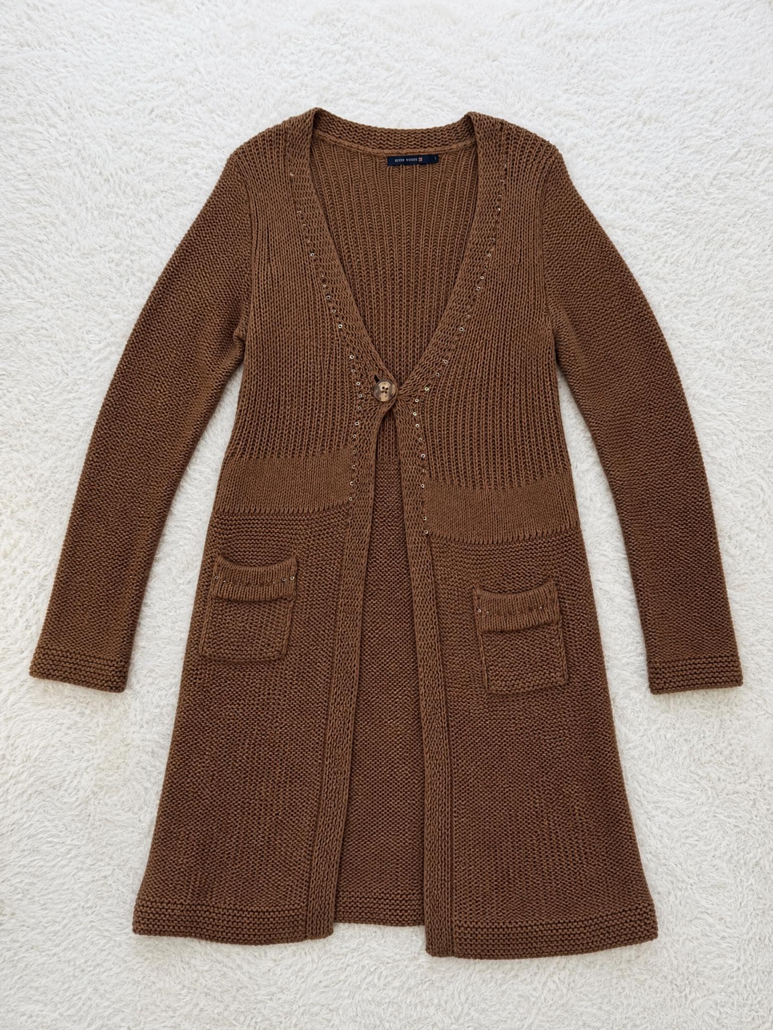 River Woods Long Brown Knit Cardigan with Stud Detail