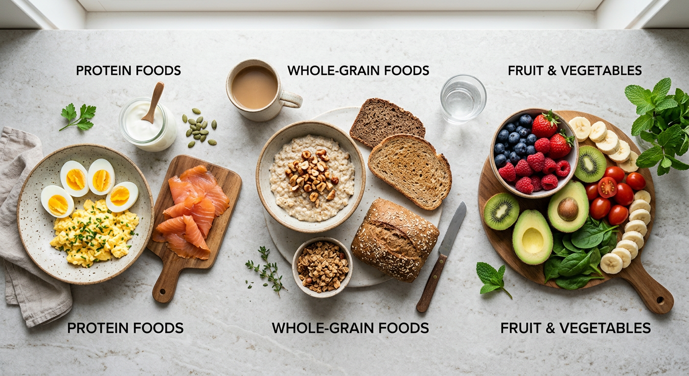 A clean editorial overhead view of breakfast ingredients arranged in three groups on a pale stone counter: protein foods, ...