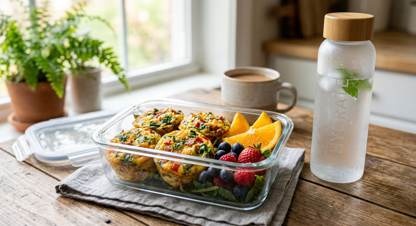 Photorealistic close-up of a meal-prep container holding colorful baked egg muffins beside orange slices, berries, and a r...