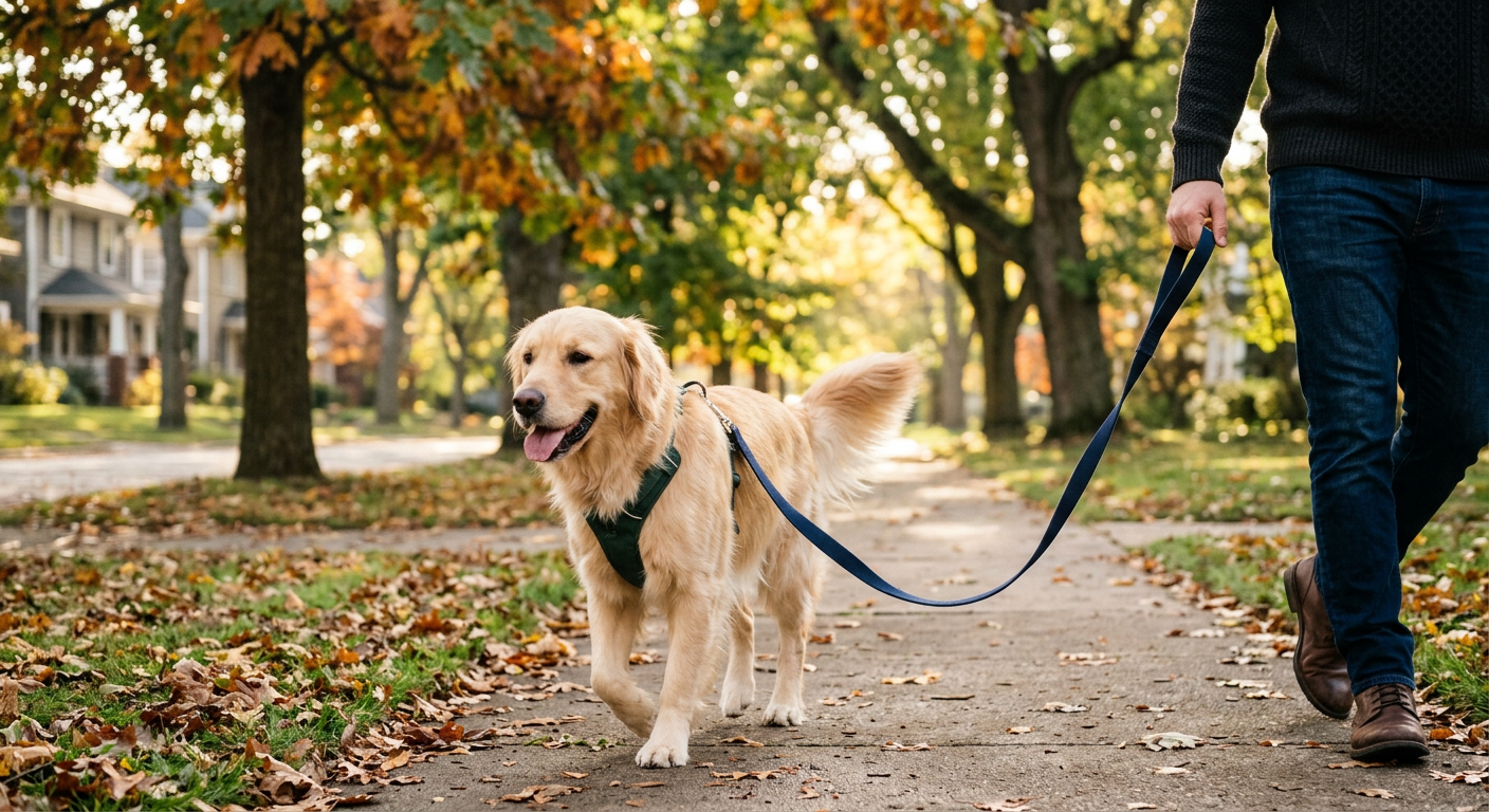 Photorealistic close-up of a relaxed dog walking beside an owner on a tree-lined neighborhood sidewalk, leash forming a lo...