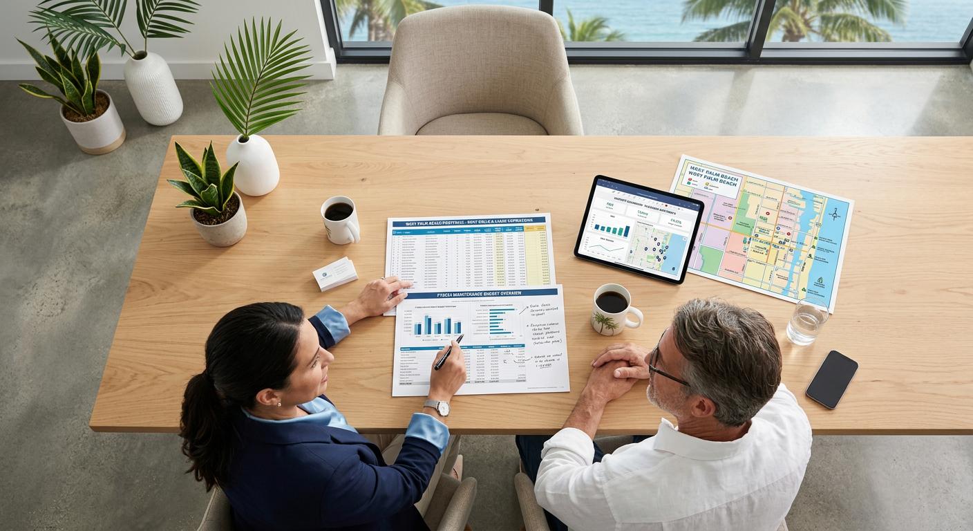 Photorealistic overhead view of an asset manager and property owner reviewing rent rolls, maintenance budgets, neighborhoo...