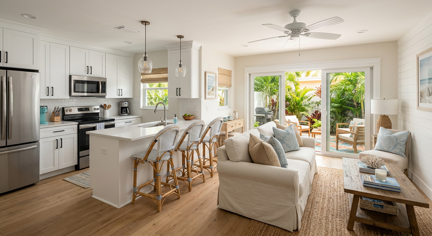 Editorial-style photo of a renovated Riviera Beach rental kitchen and living area with durable light oak flooring, white c...