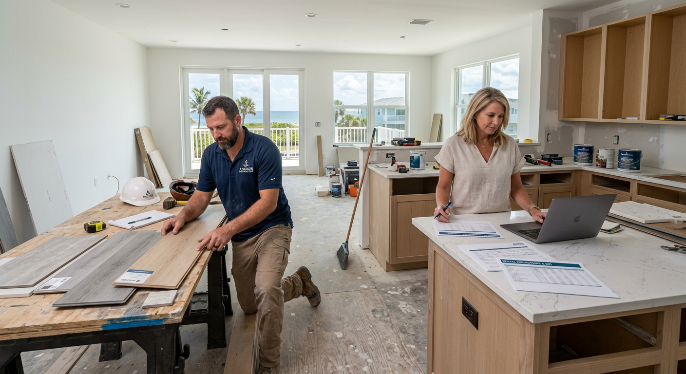 Photorealistic mid-renovation scene inside a Riviera Beach rental home, showing a contractor reviewing durable flooring sa...
