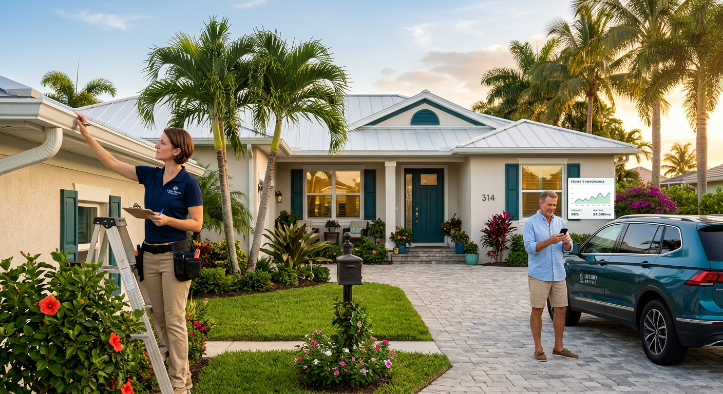 Photorealistic exterior of a freshly maintained Lake Worth rental home at golden hour, property manager inspecting landsca...