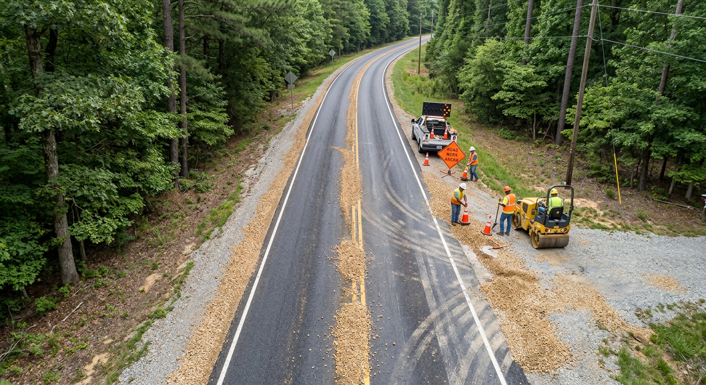 Photorealistic overhead view of a North Carolina chip seal roadway after rolling, with loose aggregate concentrated along ...