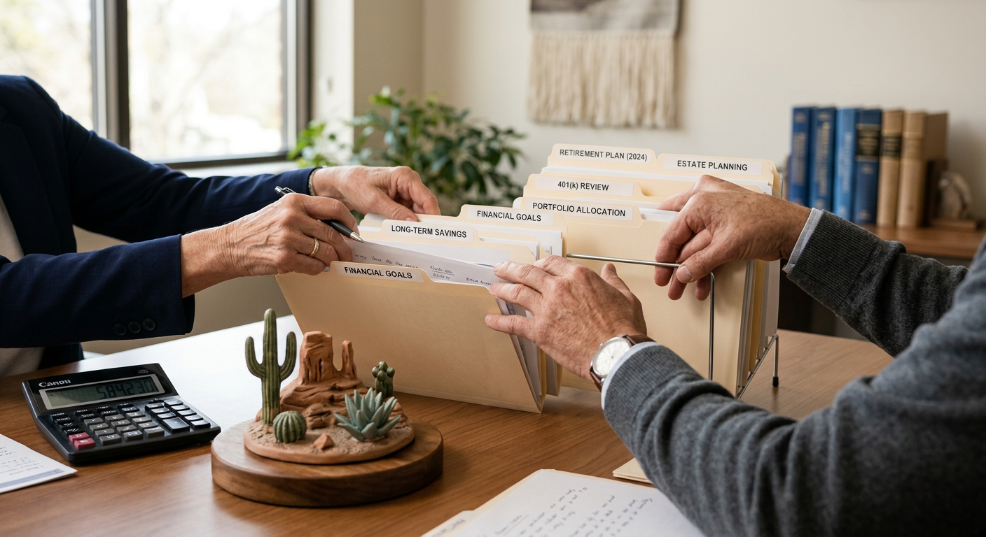 QDRO in Arizona Divorce Mediation: Retirement Division Guide | Scottsdale Divorce Mediation | Attorney-Led, Private Photorealistic close-up of two hands organizing labeled retirement plan folders beside a calculator and a modest desert la...