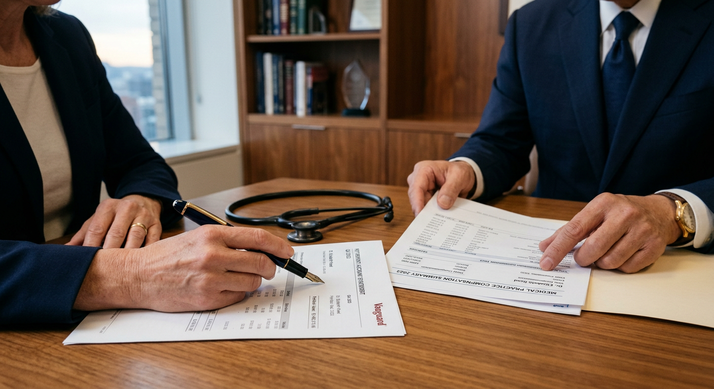 Photorealistic close-up of two hands reviewing retirement account statements and a medical practice compensation summary d...