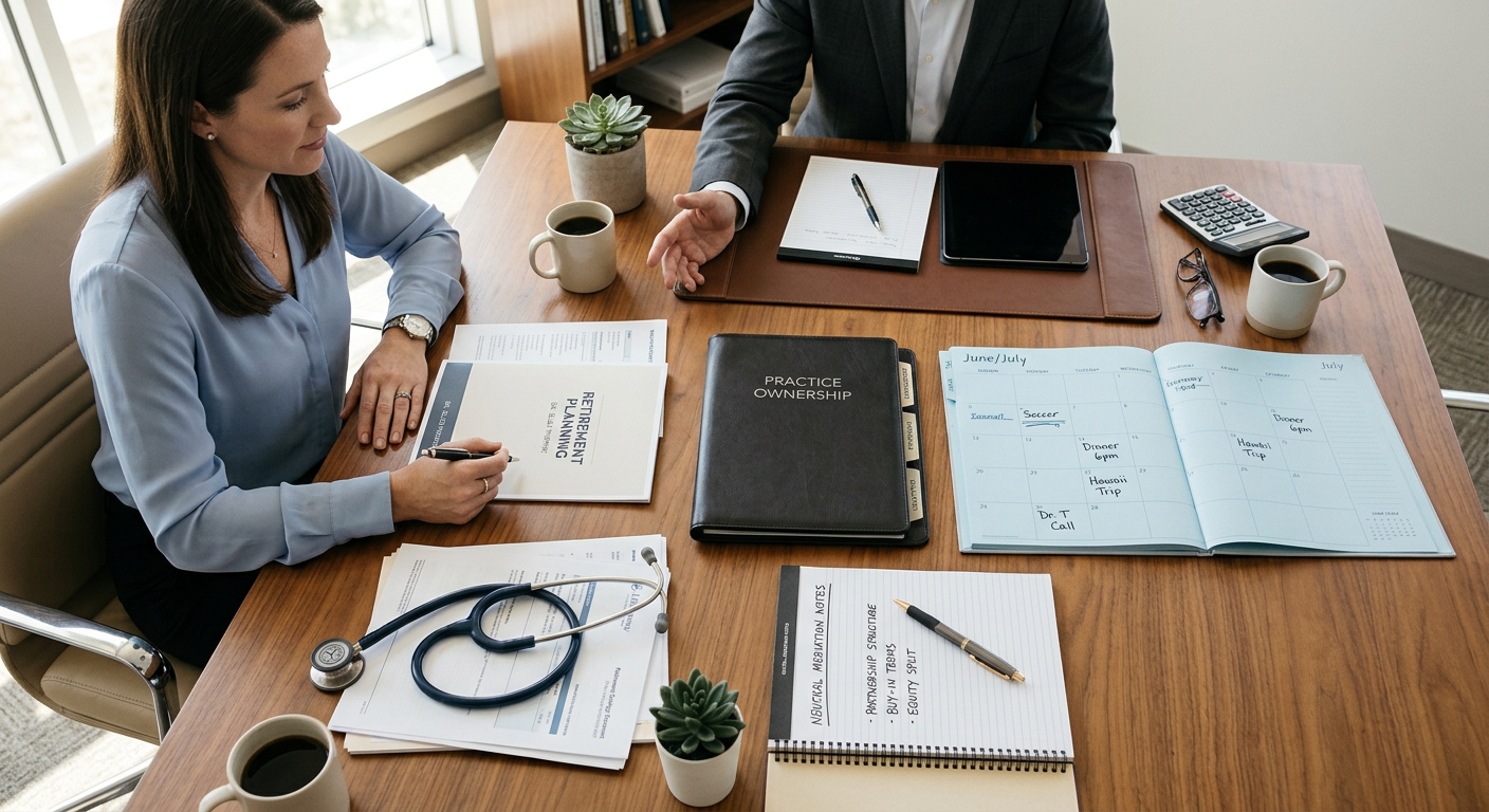 Sophisticated photorealistic overhead view of a physician’s organized financial planning meeting, showing a stethoscope be...