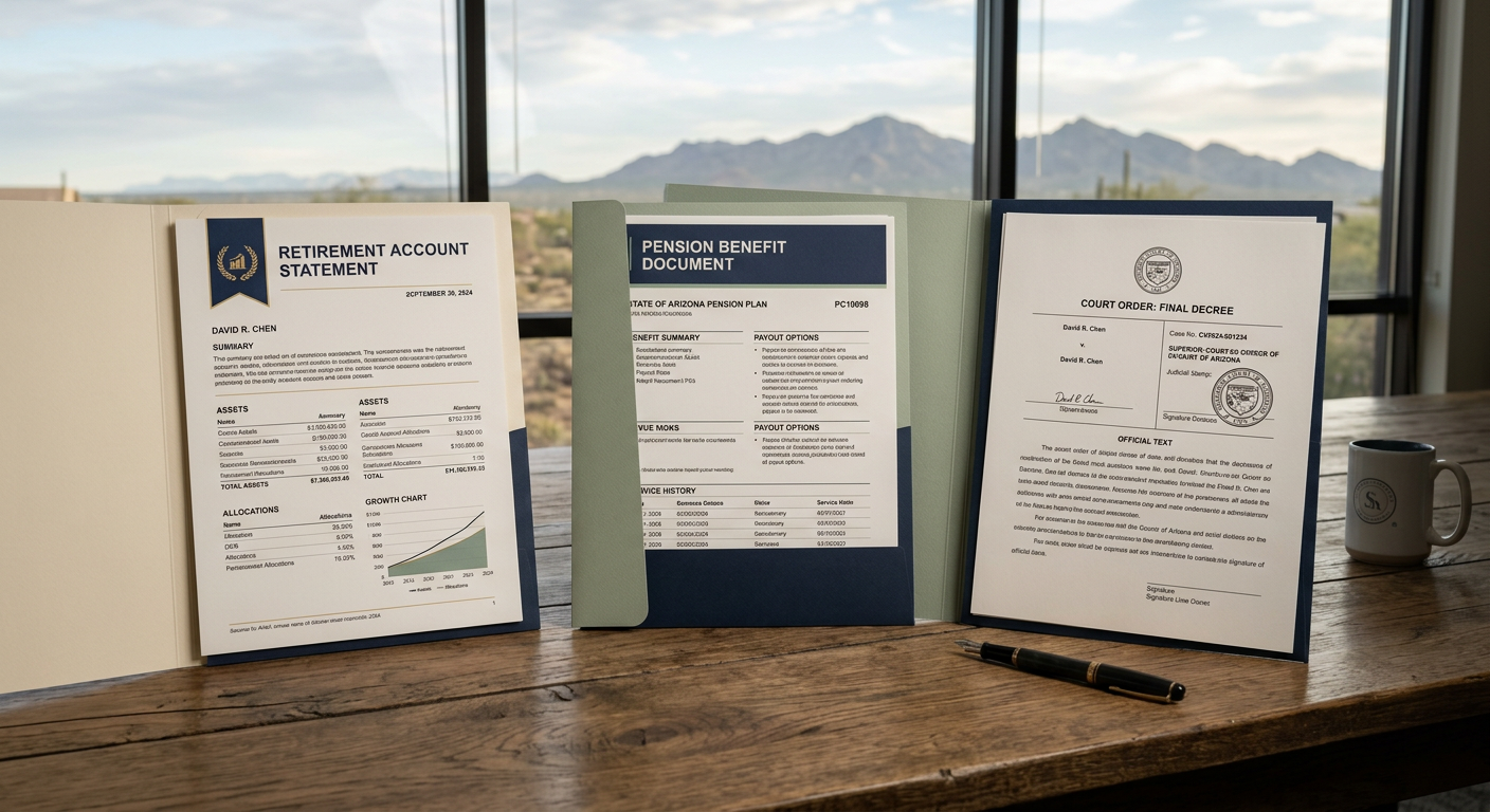 QDRO in Arizona Divorce Mediation: Retirement Division Guide | Scottsdale Divorce Mediation | Attorney-Led, Private Refined modern illustration of a retirement account statement, pension document, and court order arranged as three connect...