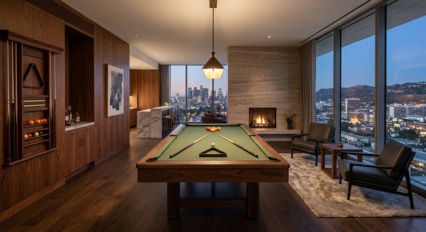 Pool Table Card Table Combo Los Angeles: Luxury Estate Guide | Luxury Custom Pool Tables | Brilliant Billiards File name luxury-poker-pool-table-los-angeles-seating.jpg, alt text Luxury pool table card table combo seating in Los Ange...