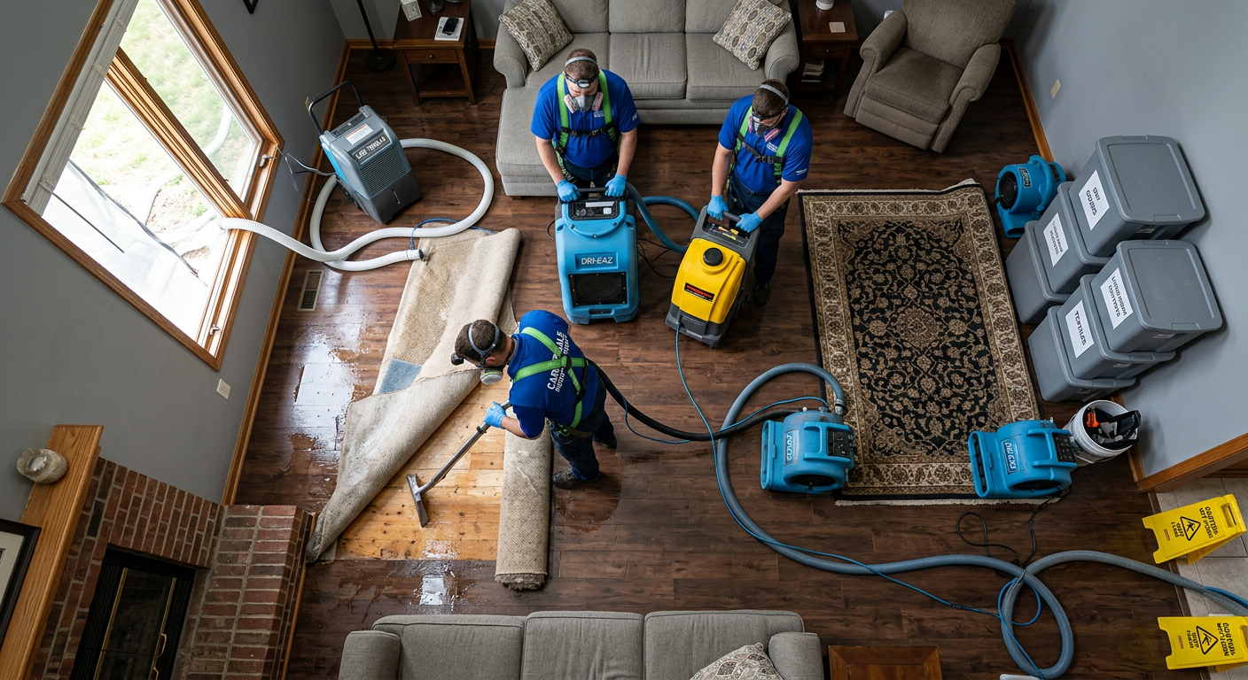 Photorealistic overhead view of a restoration crew carefully extracting water from a residential living room in Carbondale...