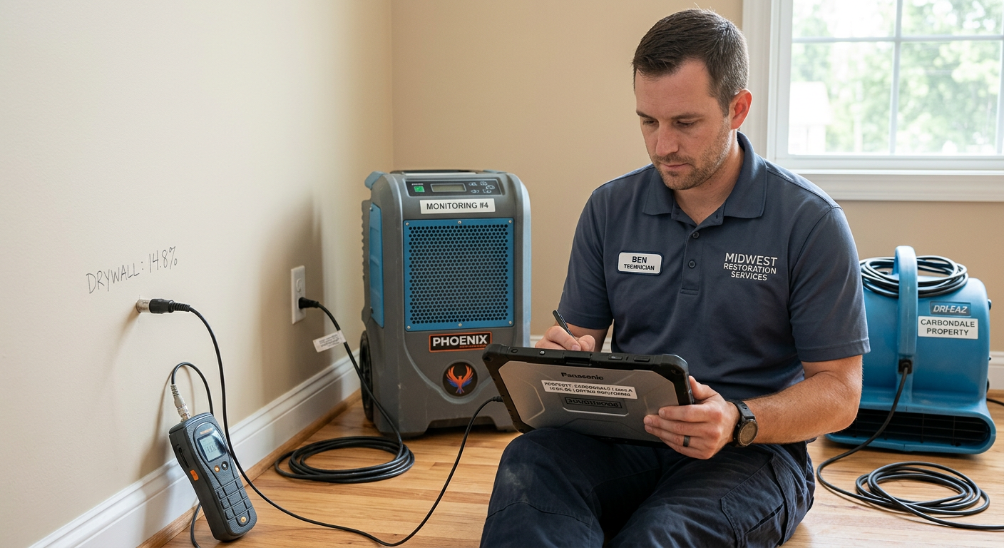 Photorealistic close-up of a technician recording moisture readings on a tablet beside drying equipment in a Carbondale pr...