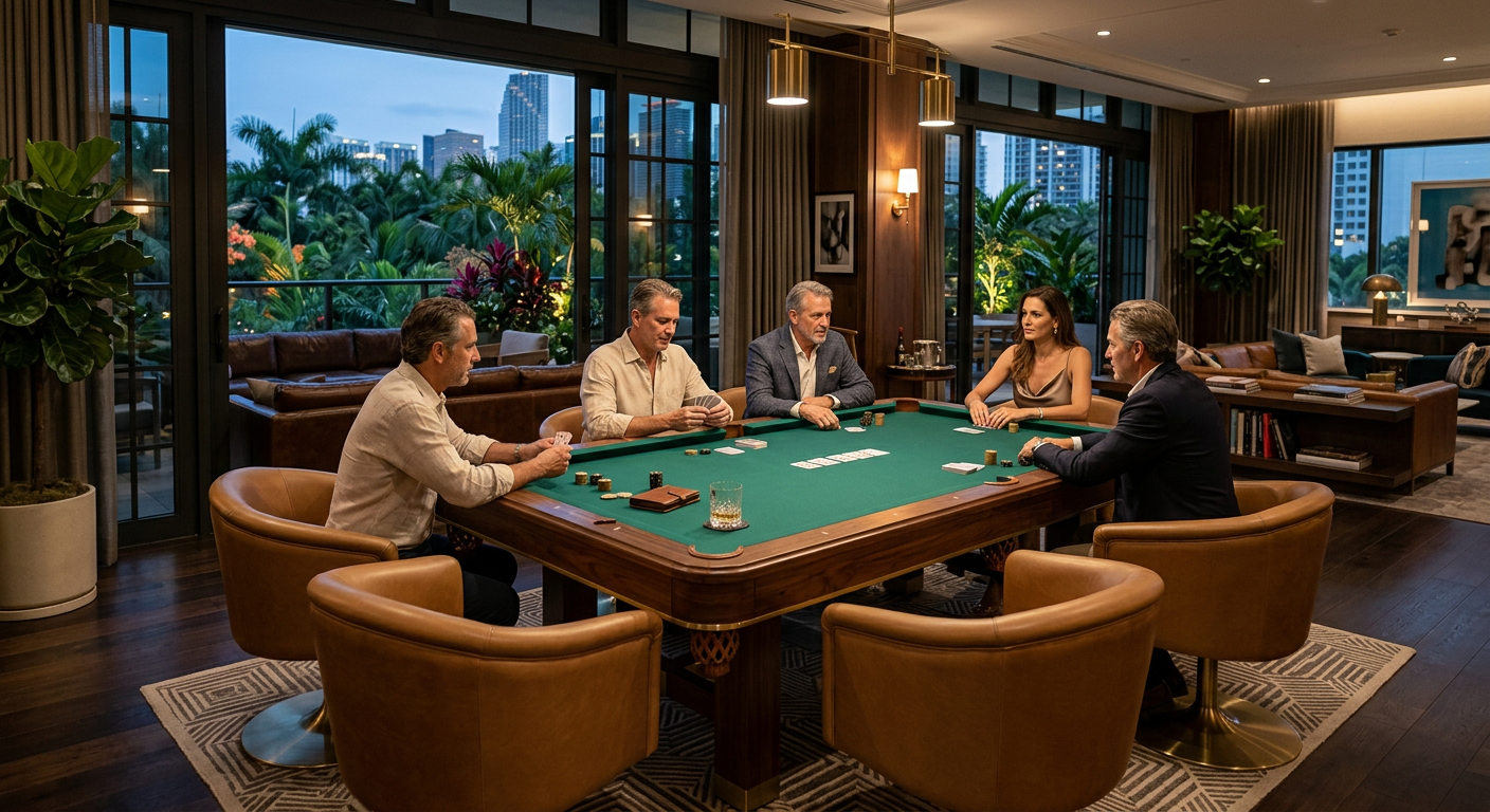 Photorealistic luxury architectural interior photograph of a Miami private club lounge with one rectangular six-pocket poo...