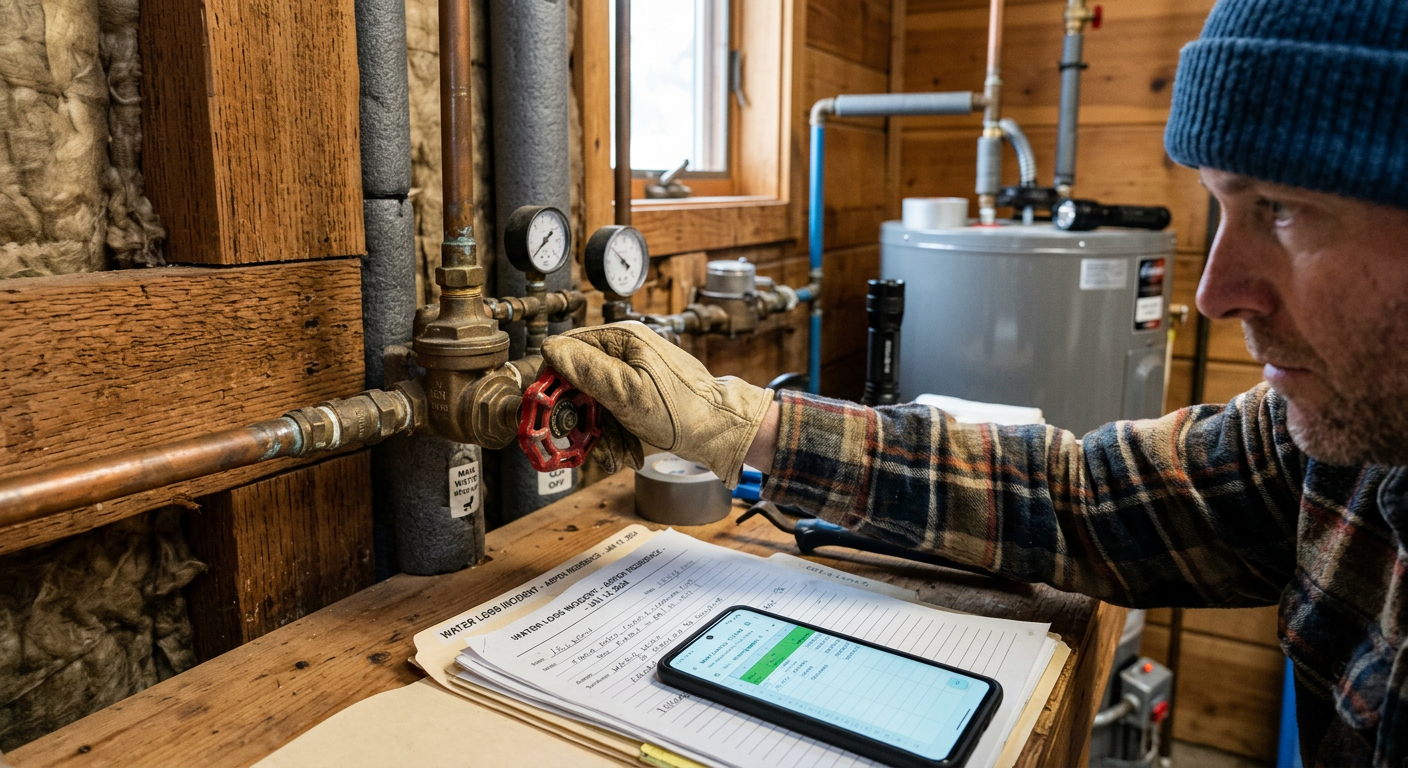 Water Damage Aspen: How to Handle a Burst Pipe Safely at Home | Water Damage Cleanup & Restoration Company in Aspen | Helpers Photorealistic close-up of a gloved homeowner turning off a brass main water valve in an Aspen utility room, with a labele...