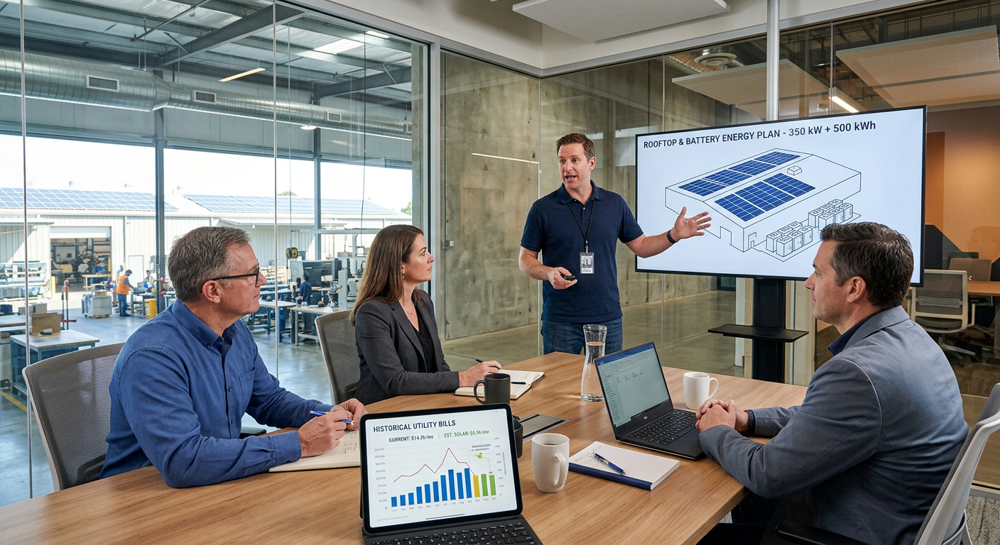Photorealistic mid-meeting scene inside a light-industrial facility, a solar partner presenting a rooftop-and-battery ener...