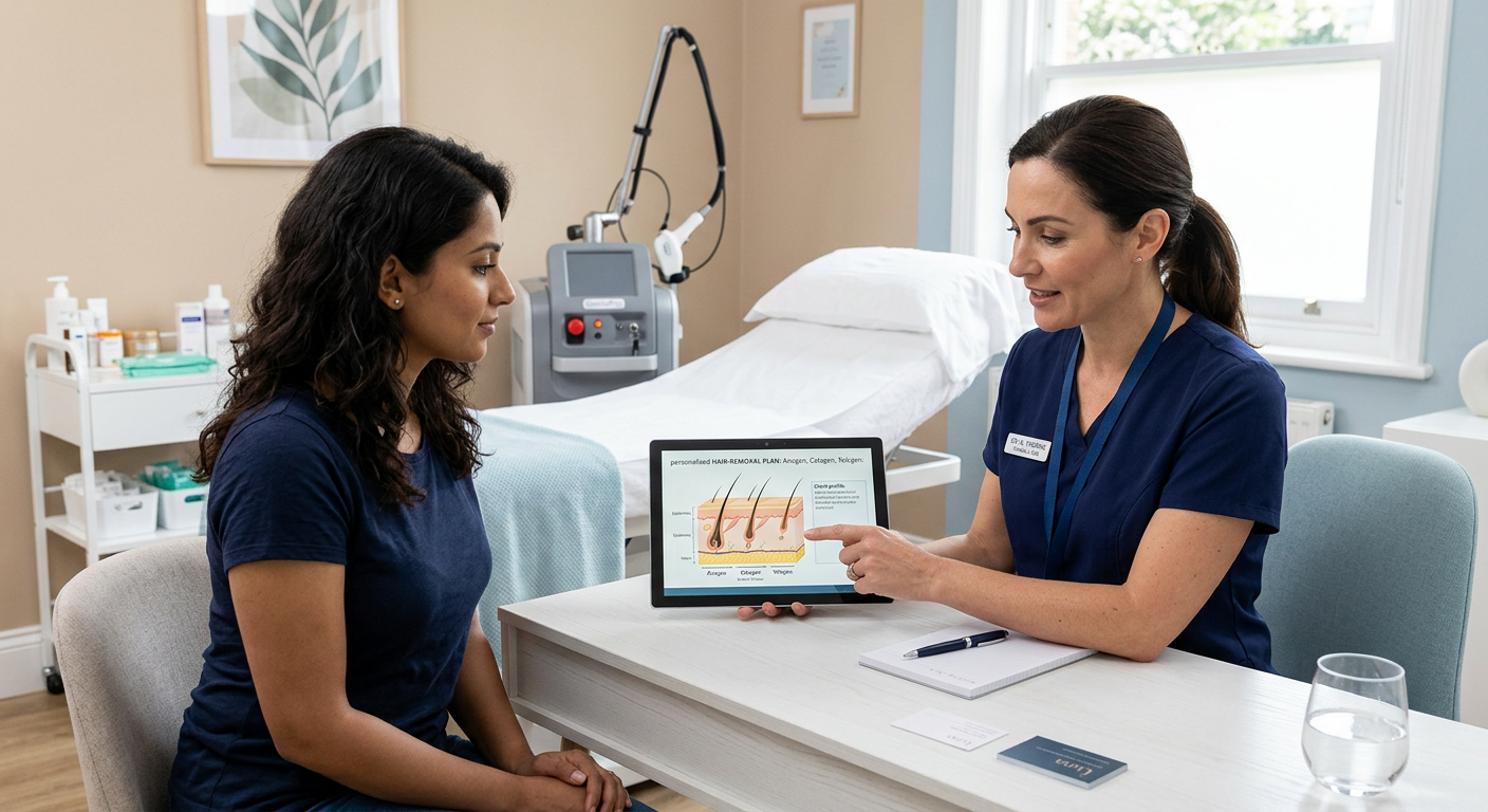 Ingrown Hair Treatment Phoenix: Lasting Relief From Razor Bumps | Electrolysis Permanent Hair Removal in Phoenix | Senza Pelo Med Spa Photorealistic clinical consultation scene with a skilled aesthetic professional discussing a personalized hair-removal pl...