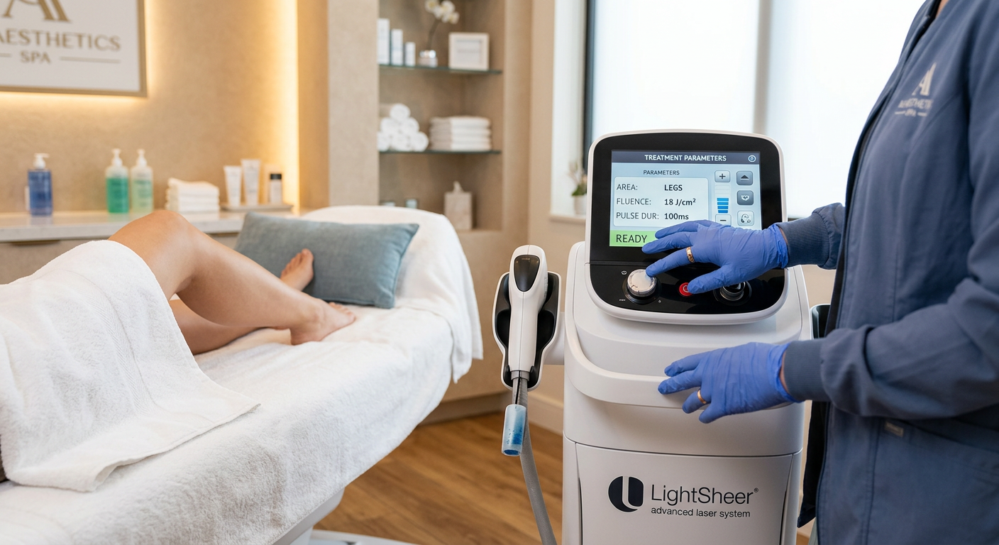 Ingrown Hair Treatment Phoenix: Lasting Relief From Razor Bumps | Electrolysis Permanent Hair Removal in Phoenix | Senza Pelo Med Spa Photorealistic close-up of advanced laser hair-removal equipment beside a neatly prepared treatment bed, gloved profession...