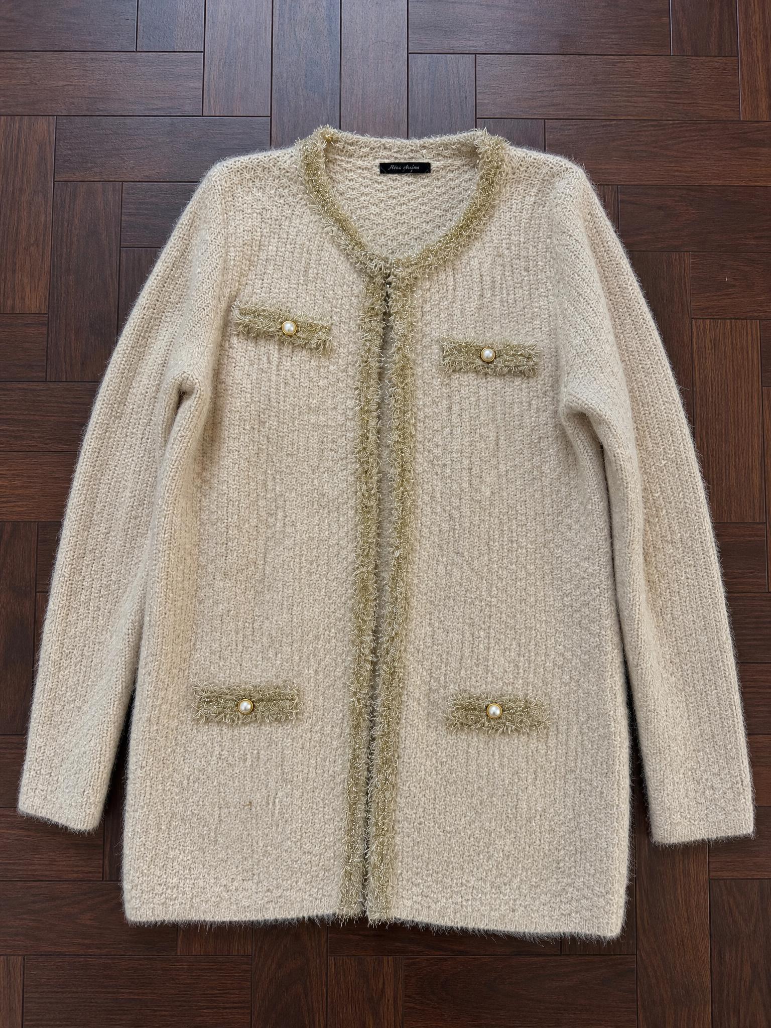 Miss Chase Beige Knit Cardigan with Gold Trim