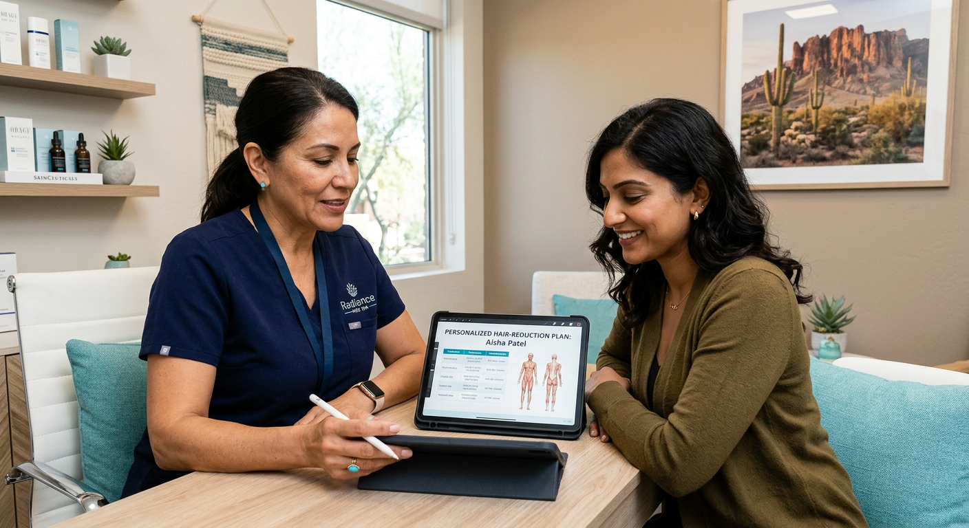 Laser Hair Removal Cost Phoenix: Pricing and Value Explained | Electrolysis Permanent Hair Removal in Phoenix | Senza Pelo Med Spa Photorealistic consultation scene showing a diverse adult client and experienced practitioner reviewing a personalized hai...