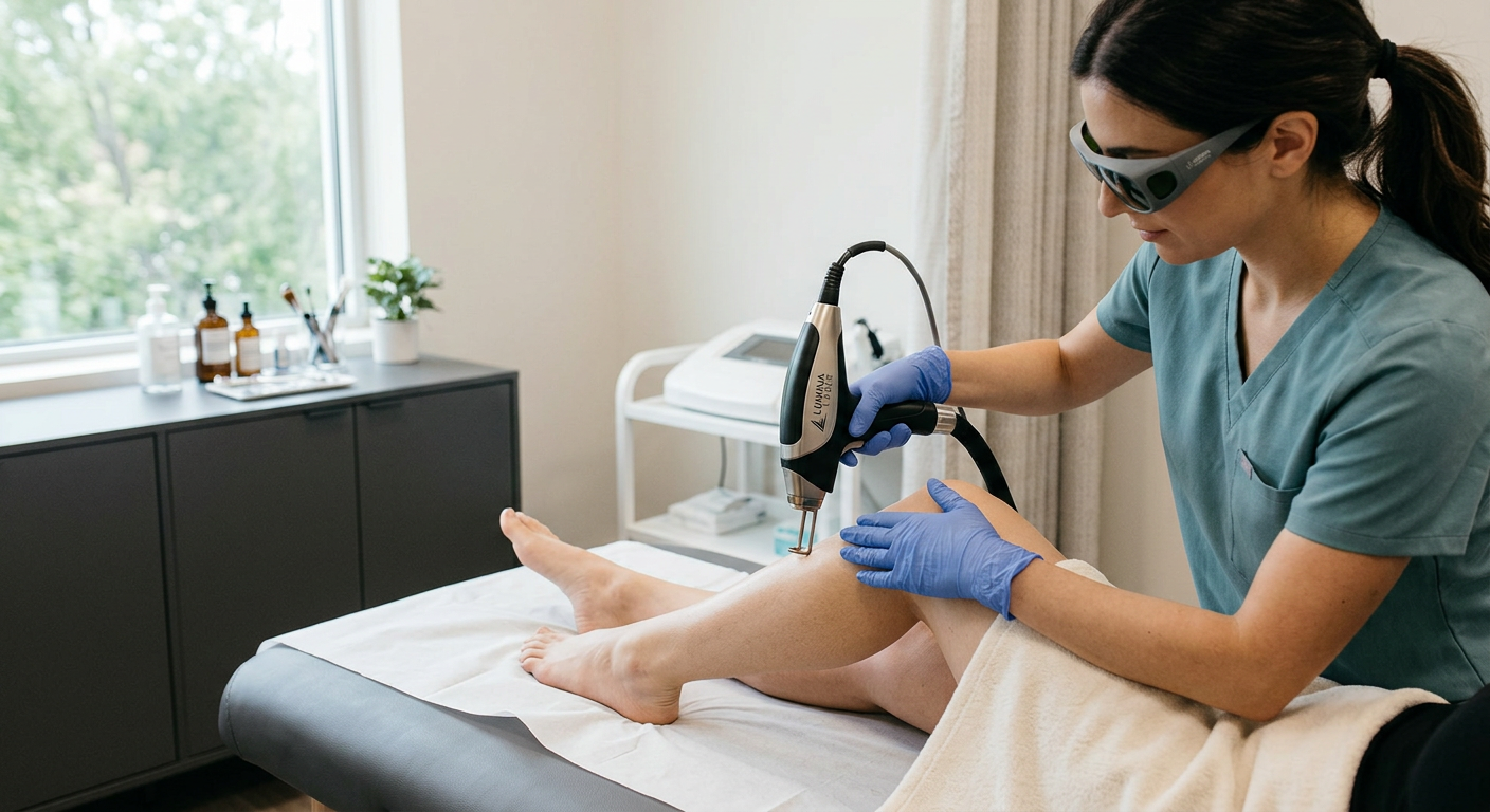 Laser Hair Removal Cost Phoenix: Pricing and Value Explained | Electrolysis Permanent Hair Removal in Phoenix | Senza Pelo Med Spa Photorealistic close-up of a clinician holding a modern laser handpiece near a client’s lower leg, both wearing protective...