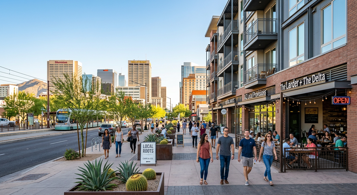Photorealistic street-level scene in a thriving Phoenix mixed-use district, with people walking past local restaurants and...