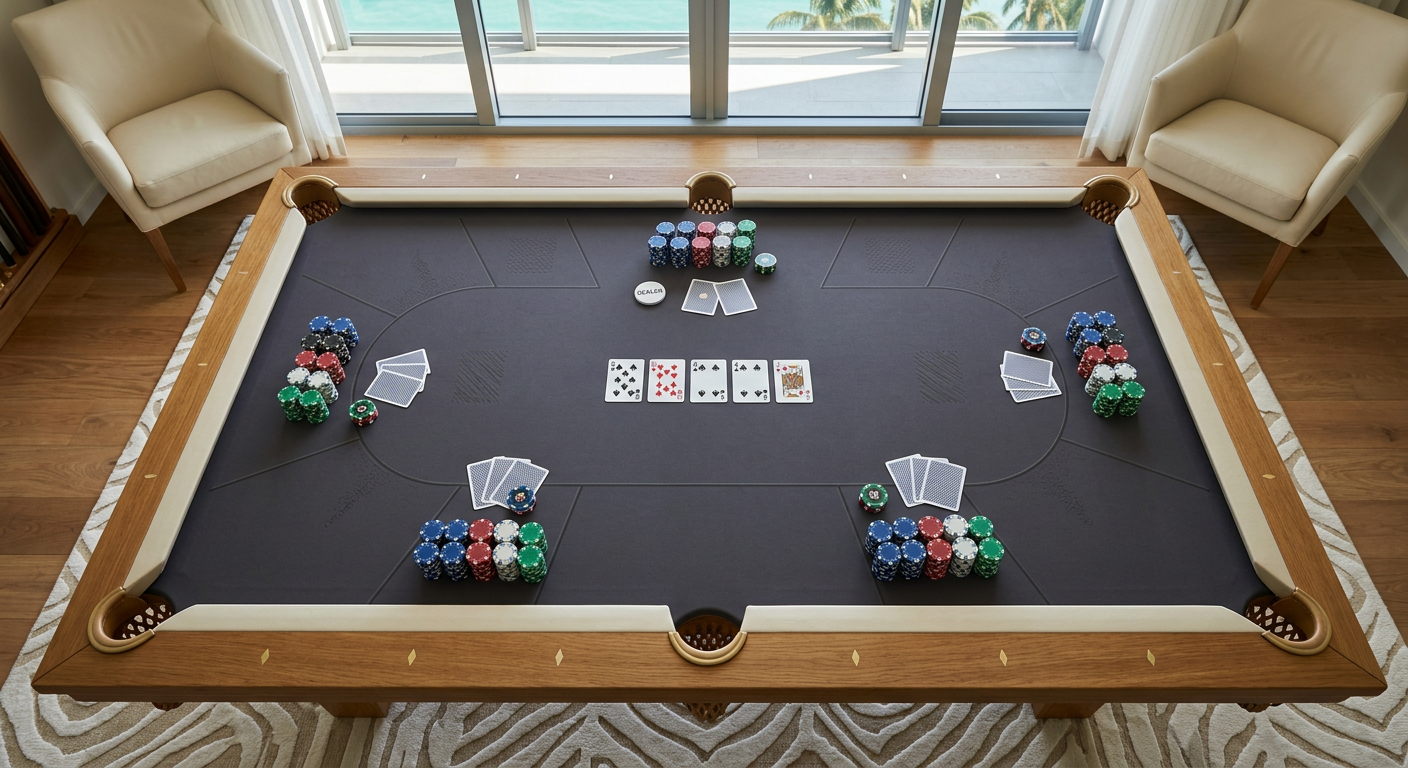 Photorealistic overhead interior photograph of a rectangular six-pocket luxury pool table in a contemporary Miami residenc...