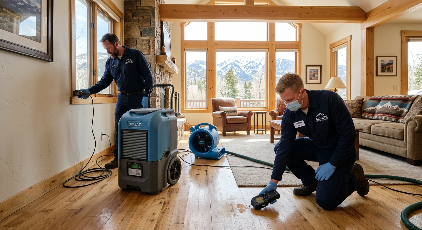 Water Damage Aspen: How to Handle a Burst Pipe Safely at Home | Water Damage Cleanup & Restoration Company in Aspen | Helpers Photorealistic restoration technicians using moisture meters and commercial drying equipment in a bright Aspen living room...