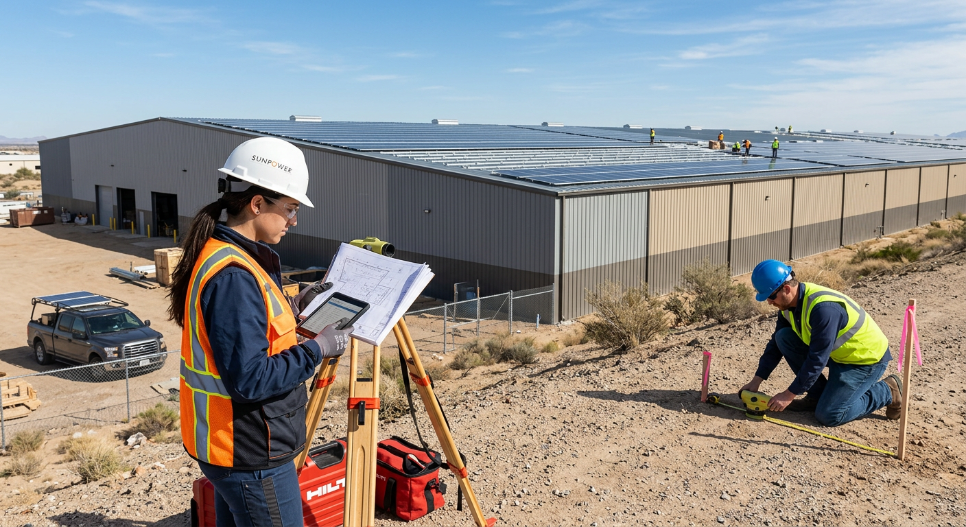 Photorealistic commercial solar site assessment in progress, with an engineer in safety gear reviewing a warehouse roof pl...