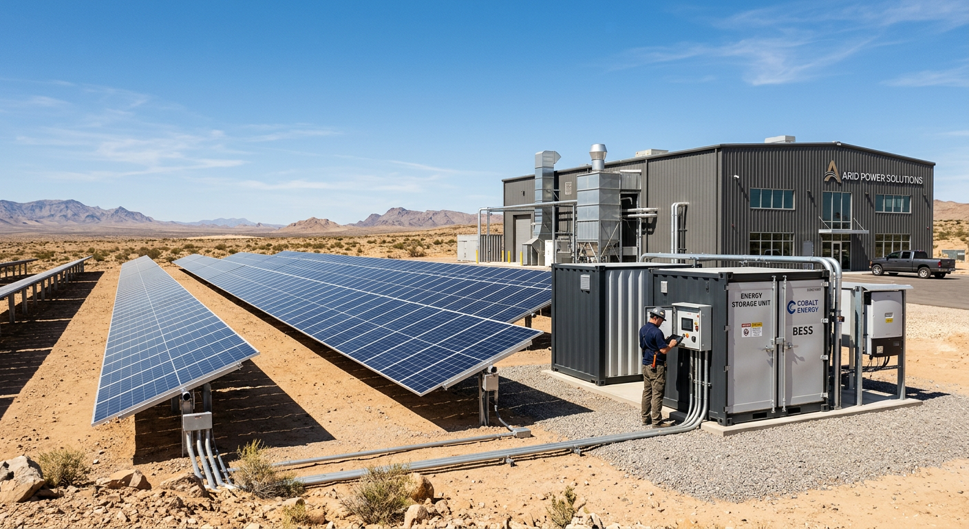 High-detail photorealistic view of a commercial energy system, ground-level solar rows leading toward a compact battery st...