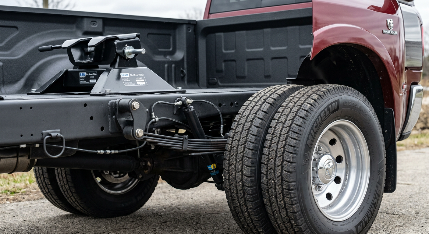 A photorealistic close-up of a Ram 3500 dually rear axle and dual wheels beside a fifth-wheel hitch in a clean truck bed, ...