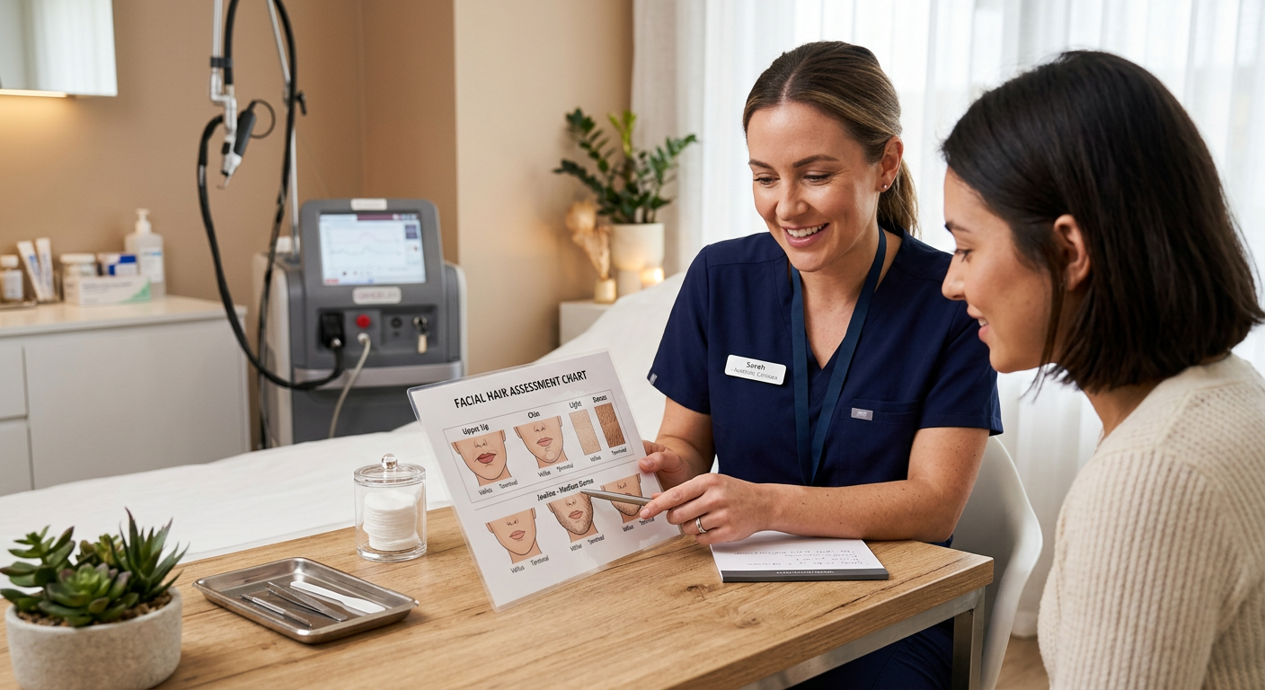 Best Facial Hair Removal for Women Phoenix: Laser or Electrolysis | Electrolysis Permanent Hair Removal in Phoenix | Senza Pelo Med Spa Photorealistic close-up of a modern treatment consultation table with a clinician pointing to a simple facial-hair assessm...