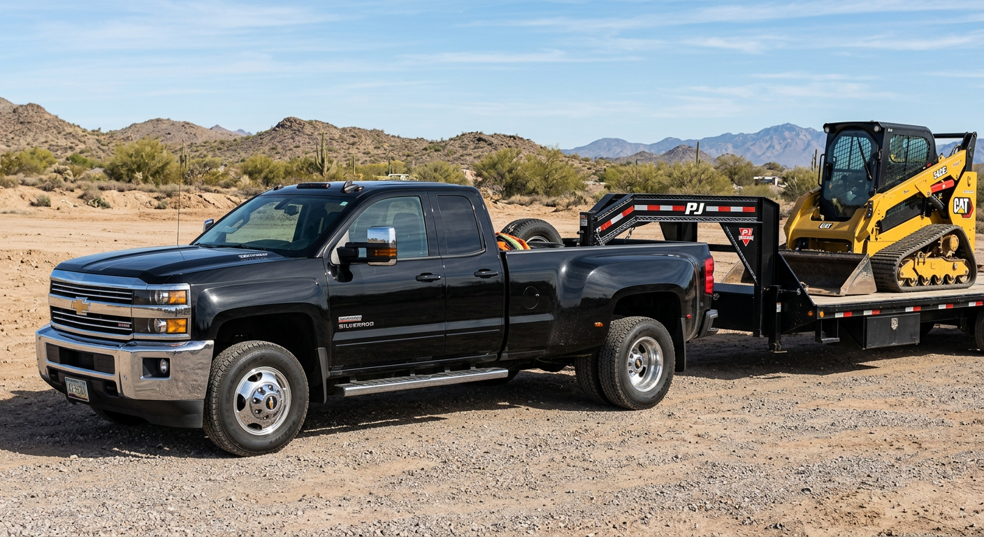 A photorealistic black Chevrolet Silverado 3500HD dually parked outdoors with a gooseneck flatbed equipment trailer, side-...
