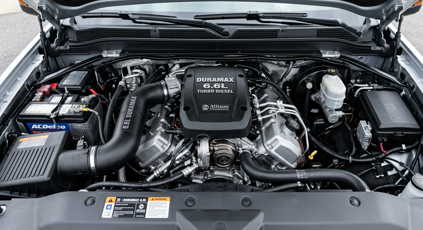 A photorealistic close-up of a clean Duramax diesel engine bay in a Chevrolet Silverado 2500HD, with visible intake tubing...