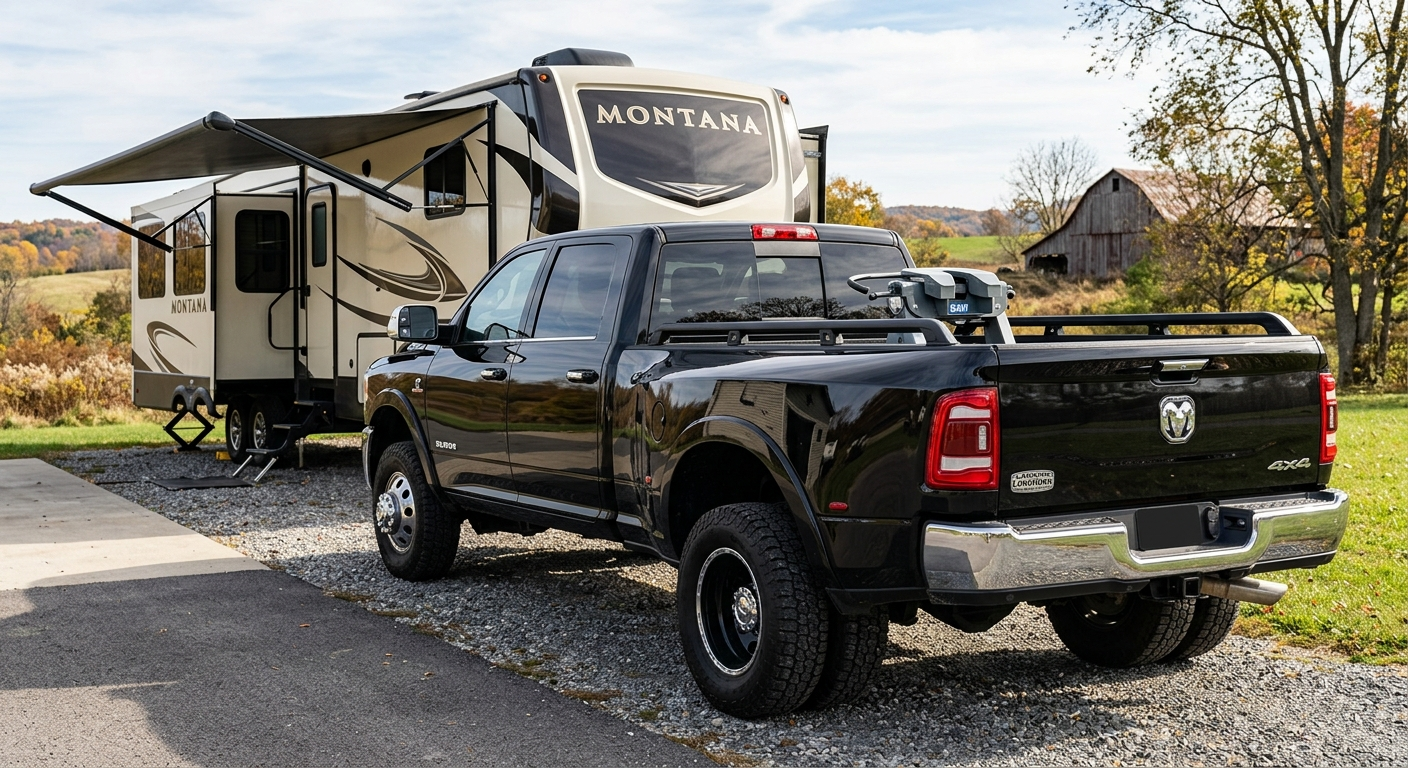 A photorealistic black Ram 3500 dually diesel pickup viewed from the rear three-quarter angle, parked outdoors beside a fi...