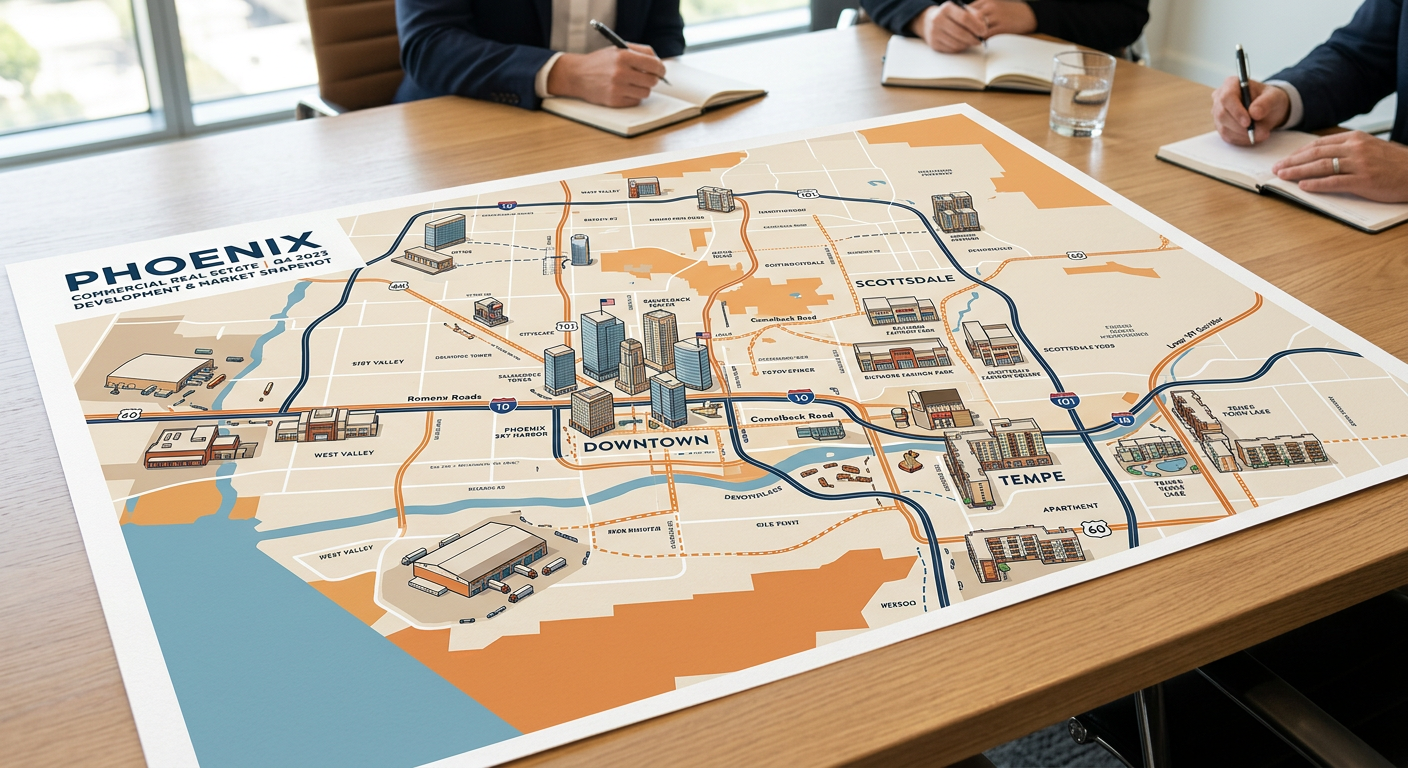 Modern editorial illustration of a Phoenix commercial real estate map on a conference table, with miniature office towers,...