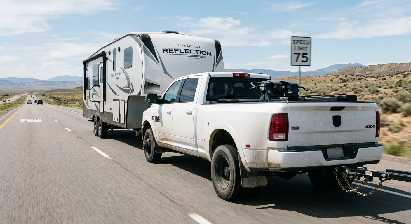 Truck Financing With Bad Credit: How to Buy With Confidence A white Ram 3500 dually towing a fifth-wheel trailer along an open highway, photorealistic truck photography, practical wo...