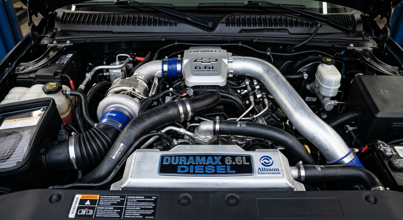 Truck Financing With Bad Credit: How to Buy With Confidence Close-up of a clean Duramax diesel engine bay in a Chevrolet Silverado 2500HD, photorealistic automotive photography, prec...