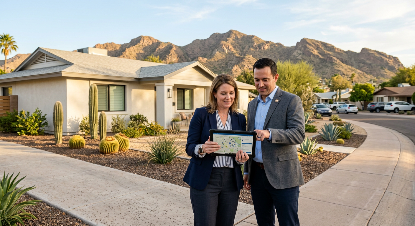 Best Phoenix ZIP Codes to Invest in Real Estate: 6 Strong Areas Photorealistic street-level scene showing a Phoenix real estate investor and agent reviewing a renovated single-family hom...