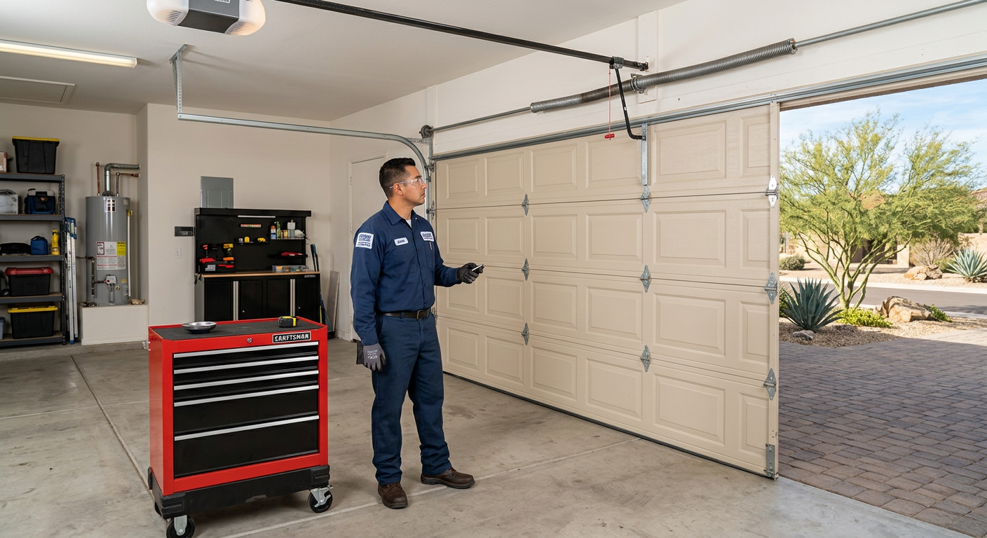 Suggested filename: garage-door-spring-replacement-gilbert-az.jpg. Alt text: Garage door spring replacement service in Gil...