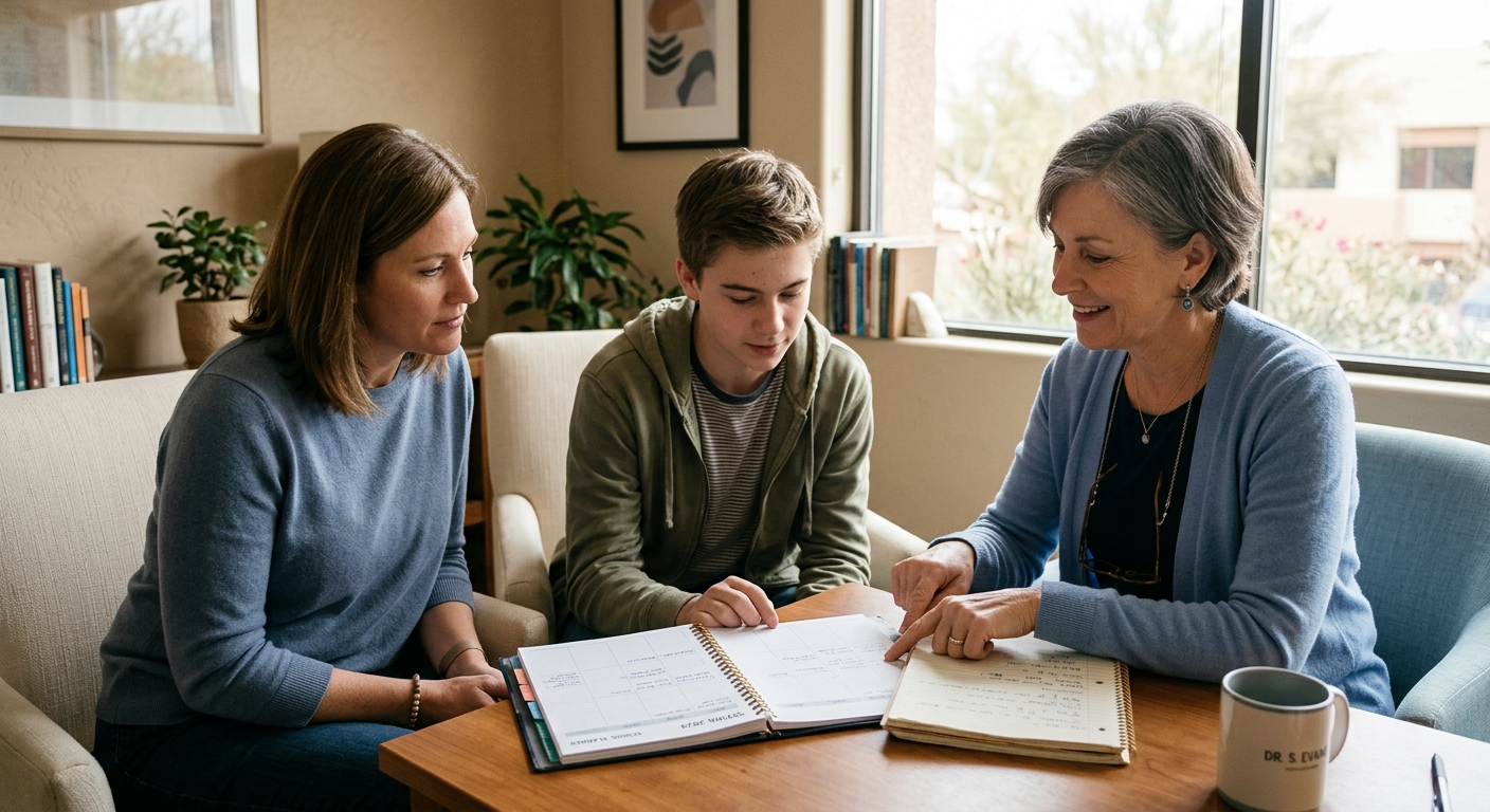 Photorealistic close-up of a teen, parent, and compassionate psychiatrist sitting in a comfortable consultation room, revi...