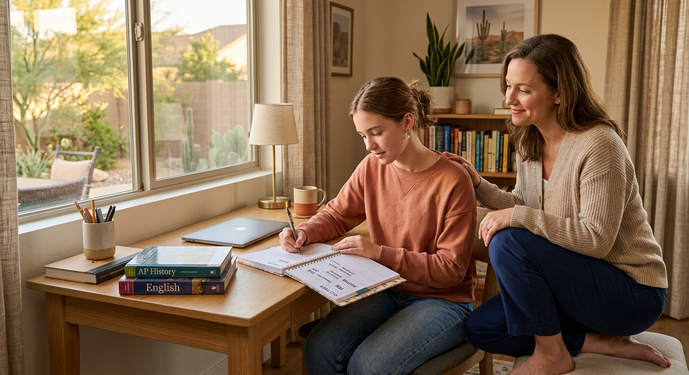 Warm, realistic home study scene with a teenager organizing assignments on a paper planner while a parent offers calm supp...