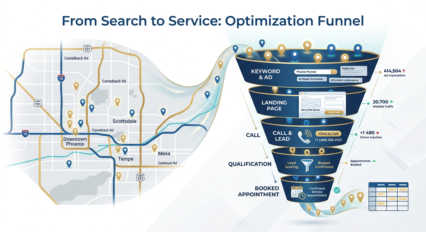 Clean modern illustration of a Phoenix metro map transforming into a paid lead funnel, with location pins flowing through ...