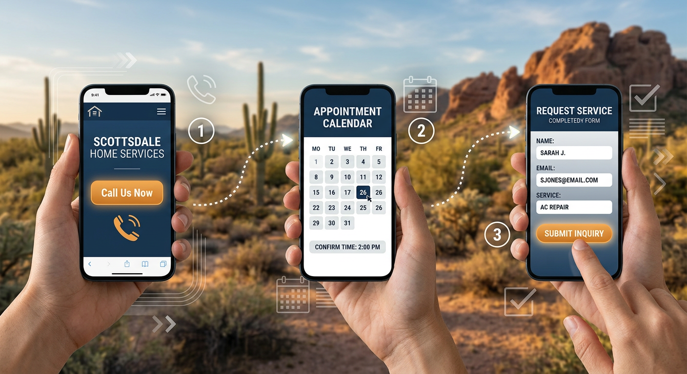 Modern editorial illustration of a clear customer journey from a local business website to a phone call, appointment calen...