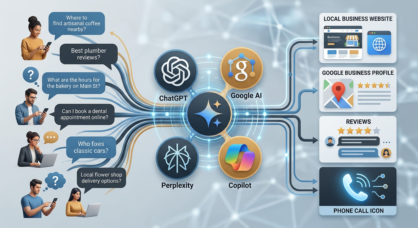Modern illustrative scene of interconnected customer questions flowing into ChatGPT, Google AI, Gemini, Perplexity, and Co...