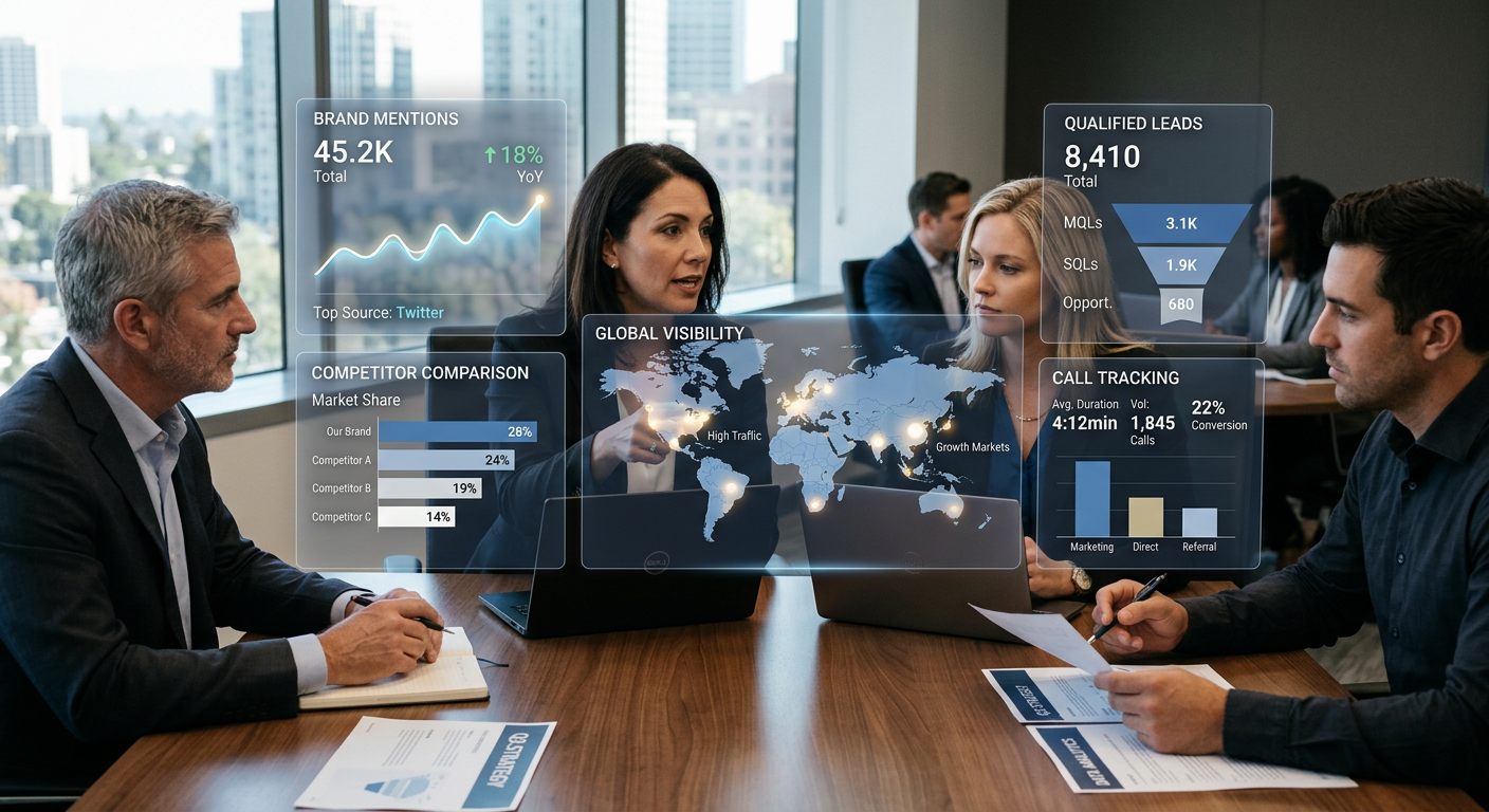 Photorealistic close-up of a business strategy meeting around a table, with transparent dashboard overlays showing brand m...