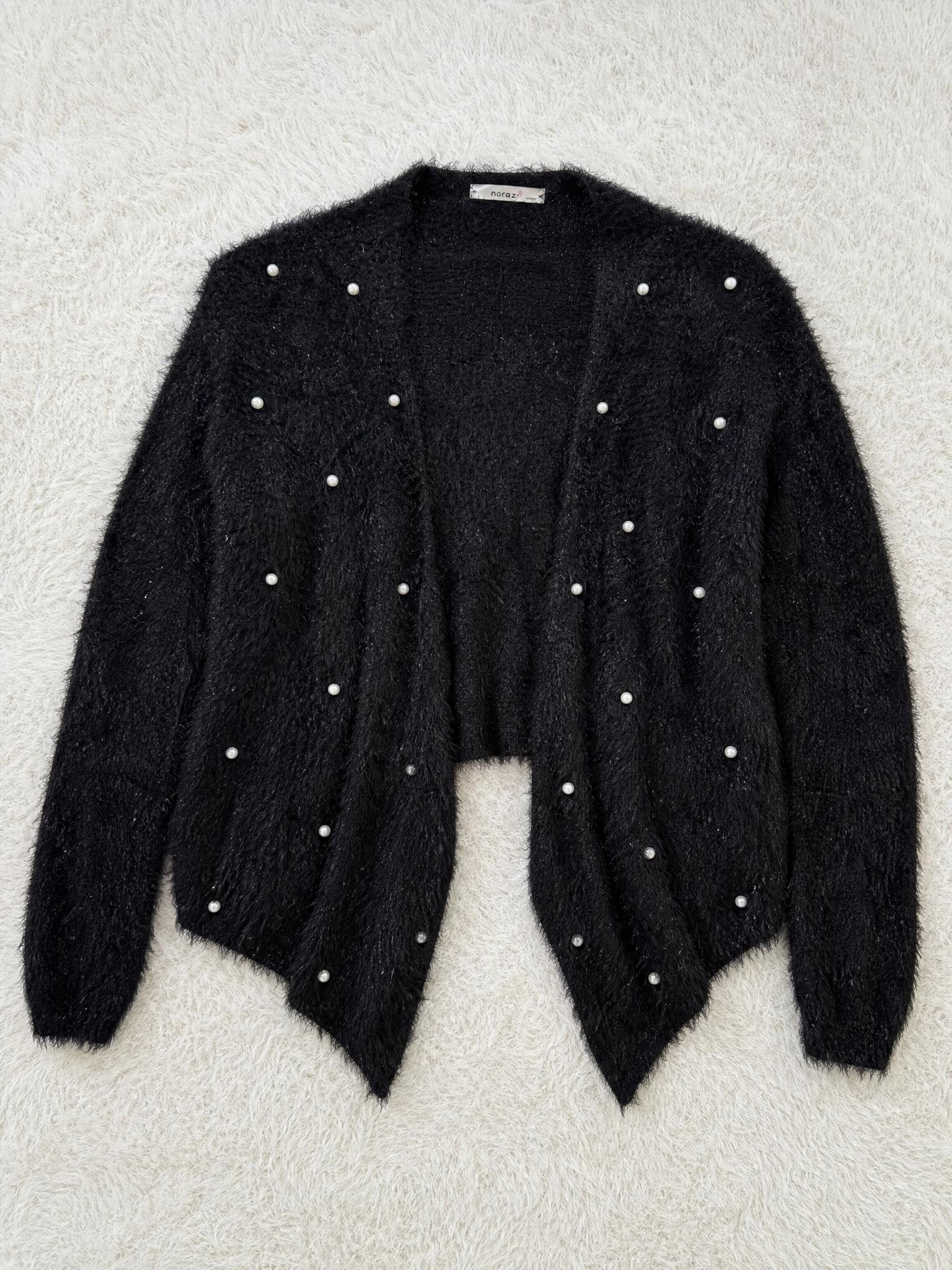 Noraz black fuzzy pearl embellished cardigan