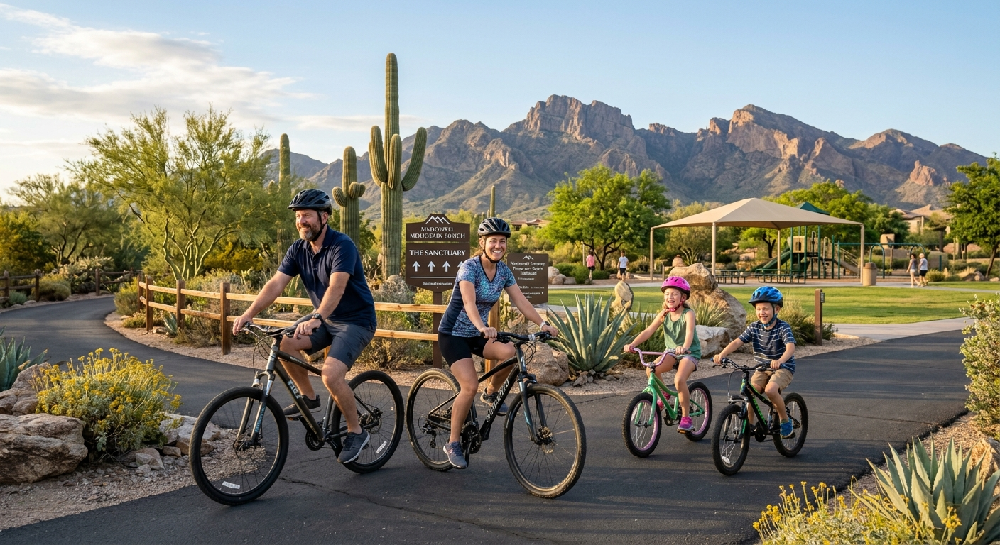 Photorealistic family of four riding bicycles beside desert landscaping in McDowell Mountain Ranch, with a neighborhood pa...